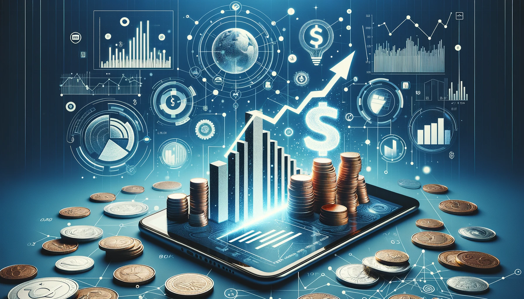 Financial freedom concept with rising graphs and coins on a mobile app interface for smart investing and debt management.